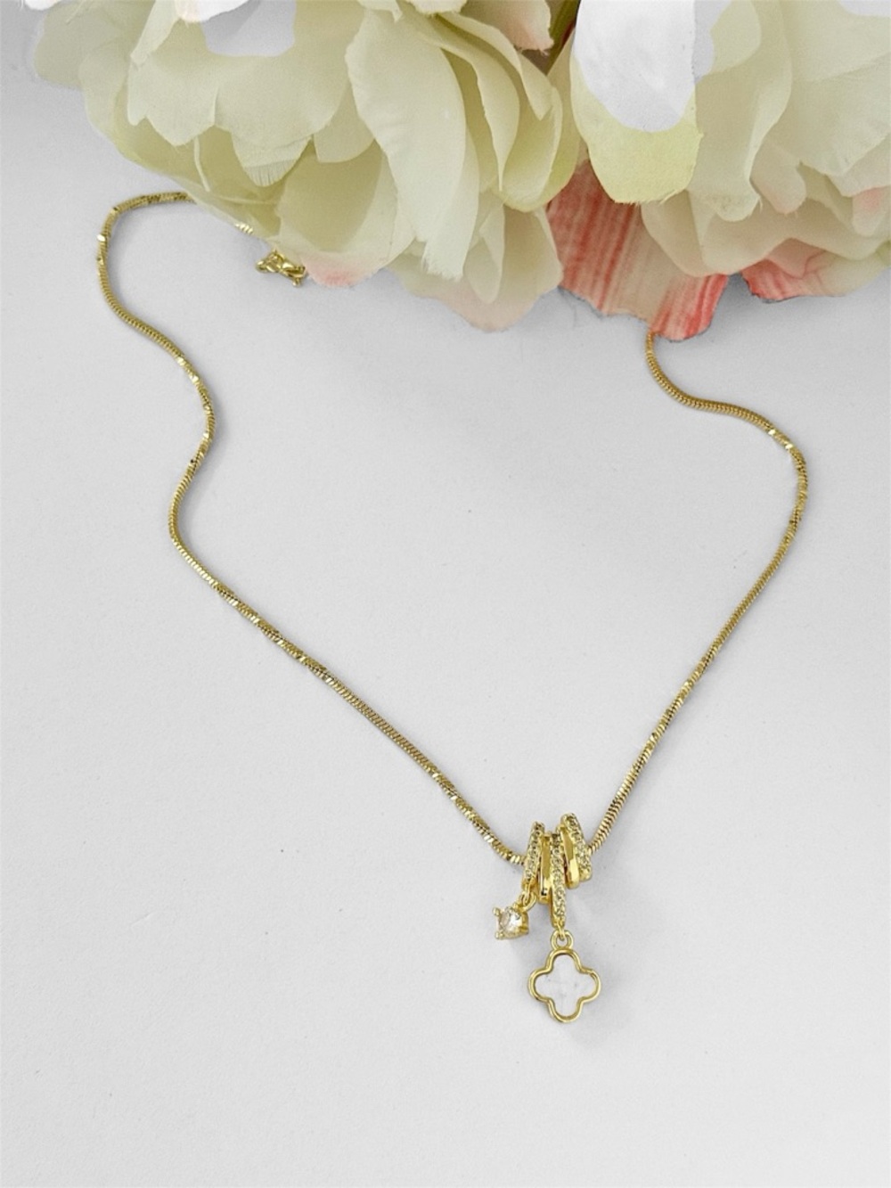 14K Gold Plated MoP Clover Necklace | CZ Pavé Rings & Crystal Charm - Picture 3 of 12
